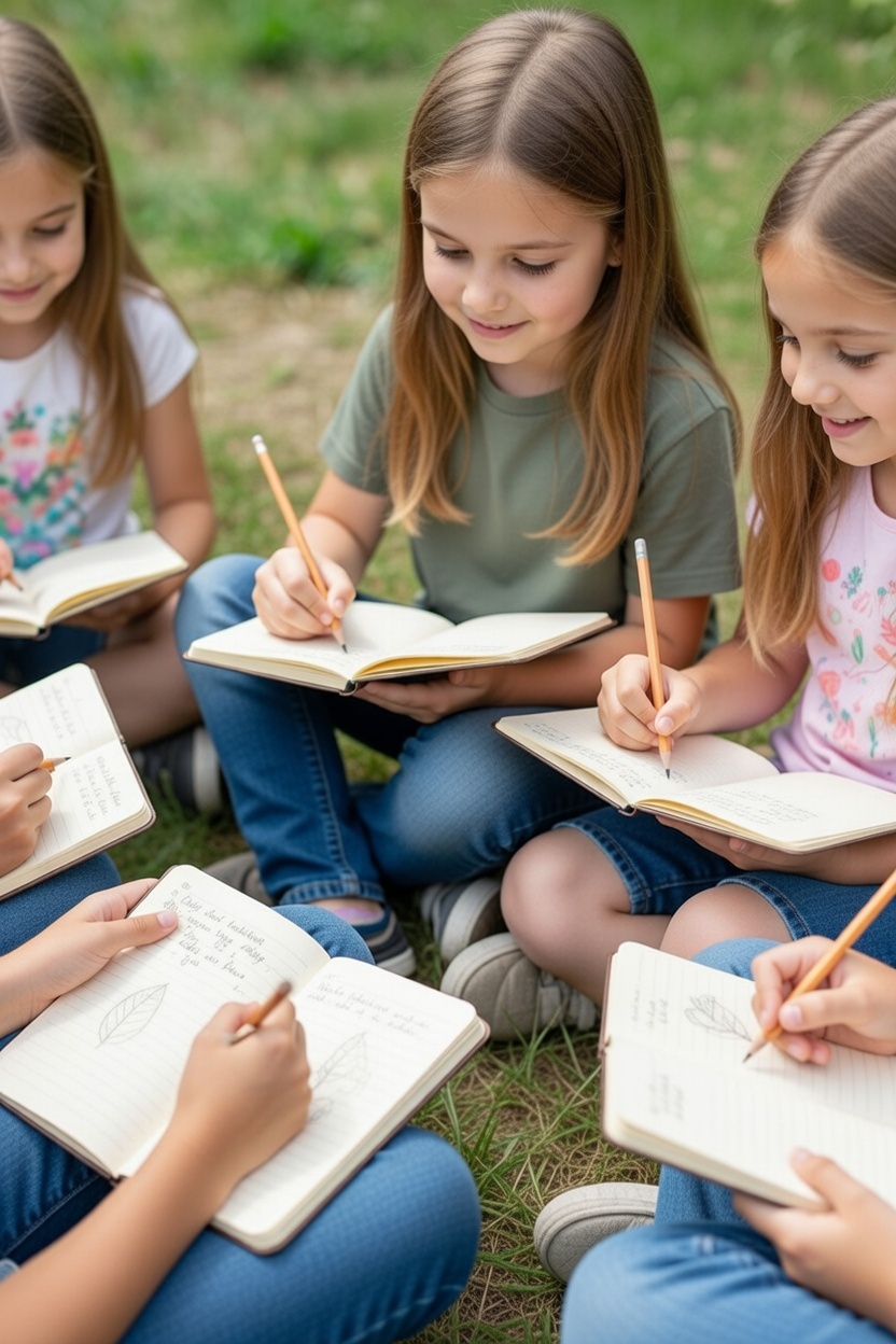 Two young girls sitting on grass and sketching in their nature journals.