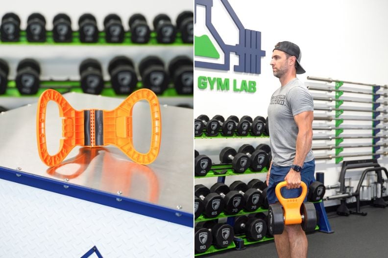 A Kettle Gryp handle accessory attached to a standard hex dumbbell.