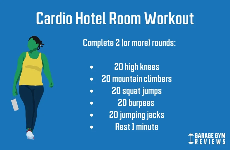 Graphic illustrating cardio exercises adapted for small hotel room spaces.