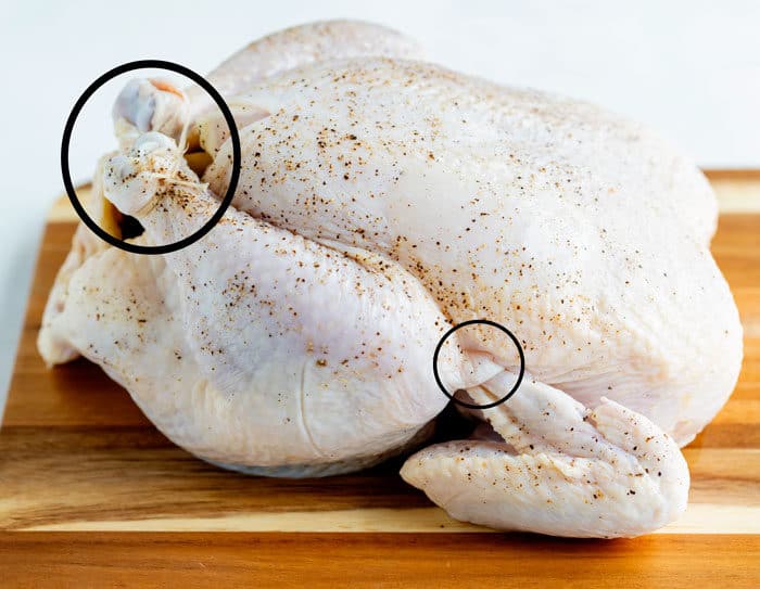 A raw chicken on a cutting board with instructional circles showing how to tie legs with twine and tuck wings.