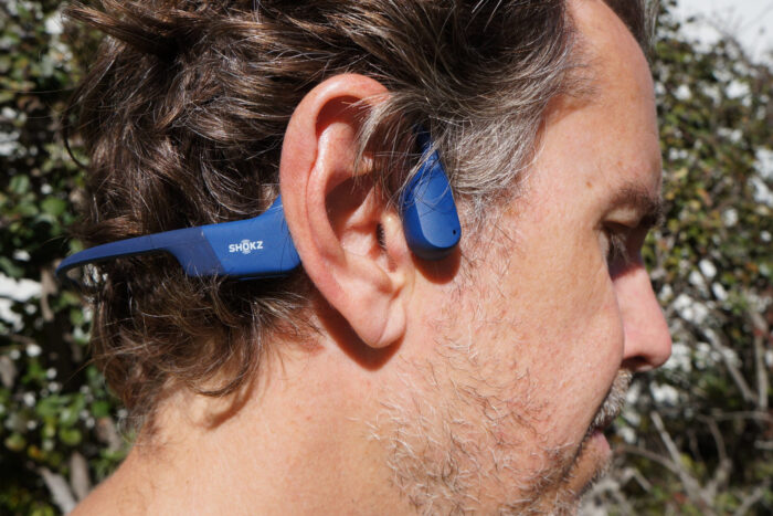 A close-up view of the bone conduction transducer pads that sit against the cheekbones.