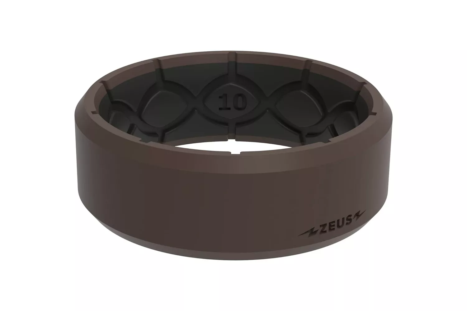 A brown Zeus silicone ring showing the interior embossed with the brand name and size 10.
