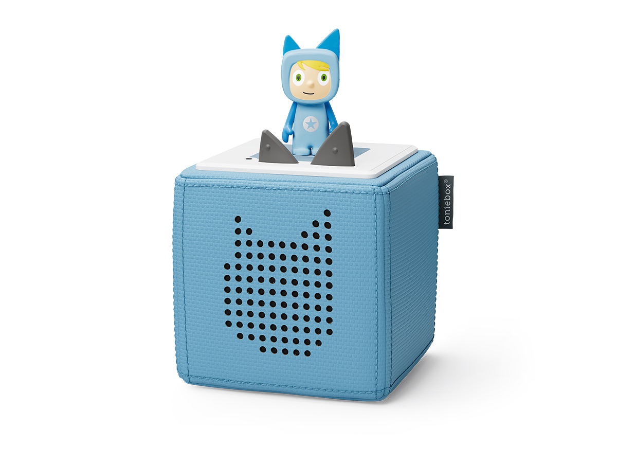A blue Toniebox audio player for kids.