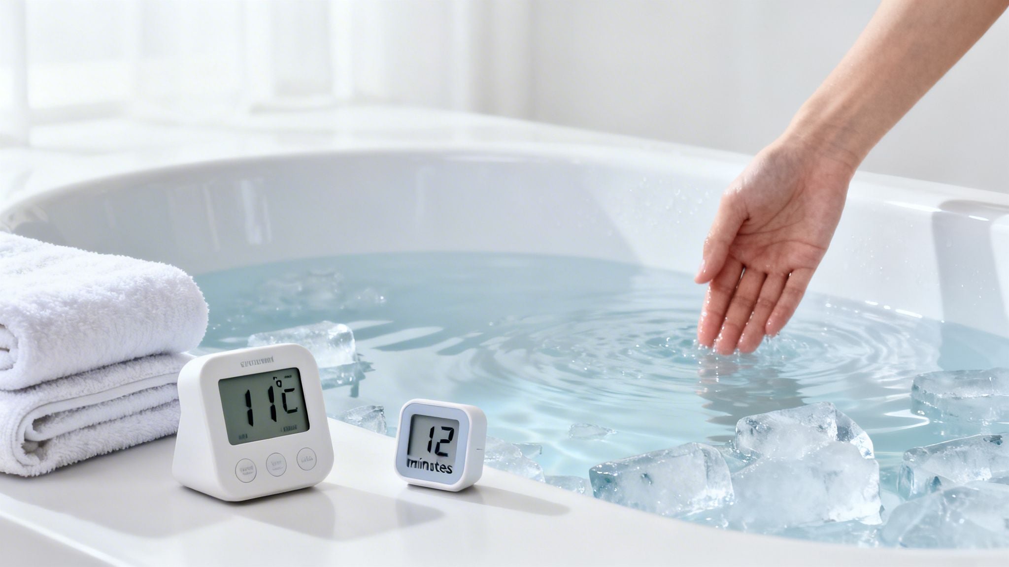 Someone preparing a household bathtub by adding large bags of ice to water.