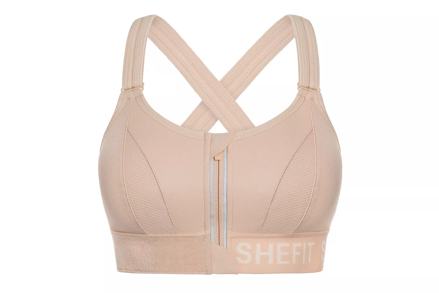 Beige SheFit sports bra with a front-zip closure and reinforced straps for high-impact support.