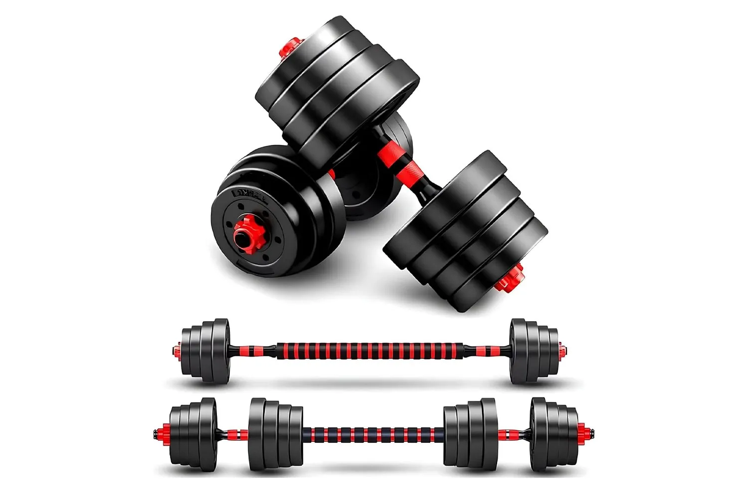 A set of black and red adjustable dumbbells in different weight configurations.