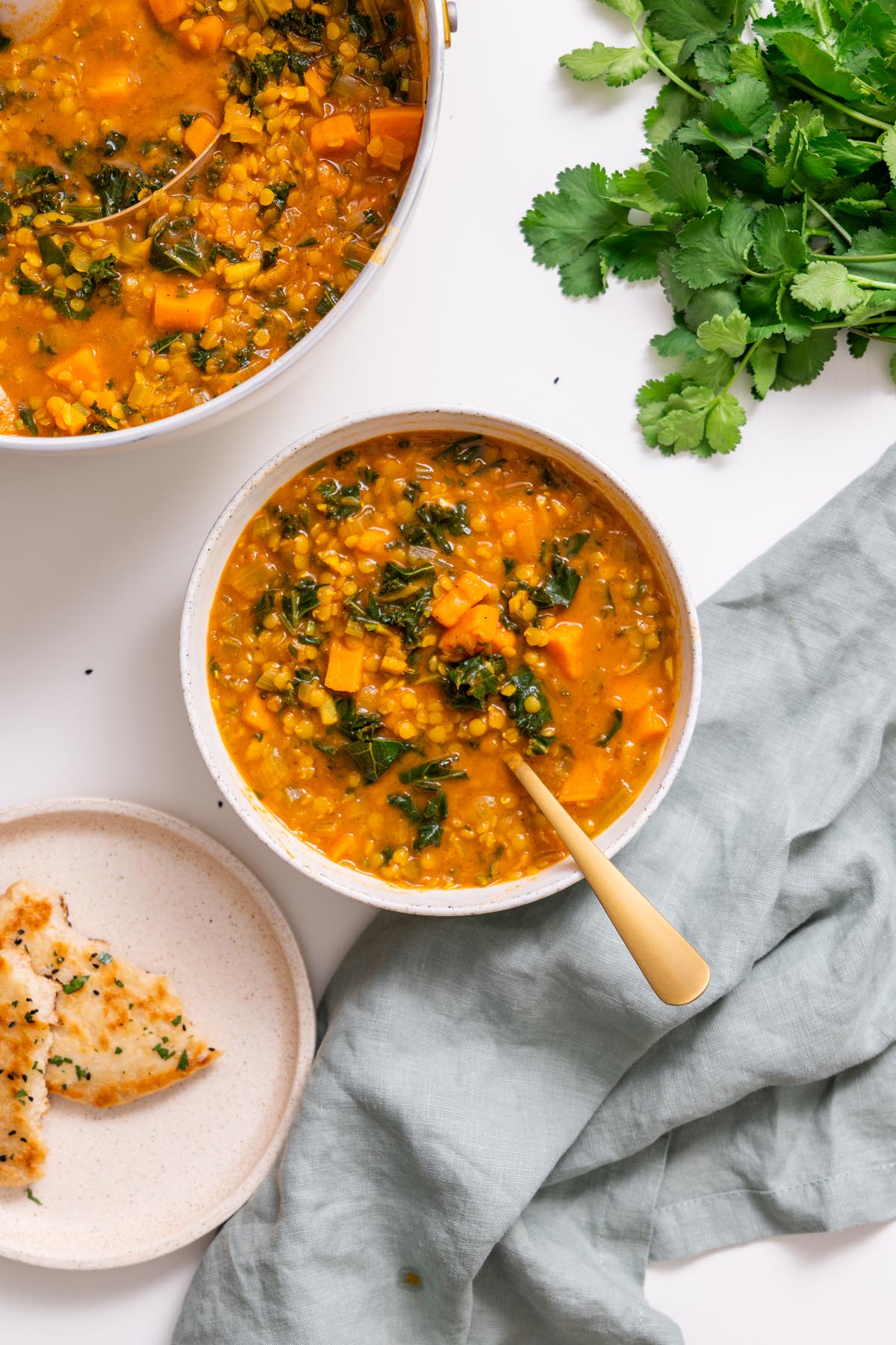 A bowl of creamy lentil soup with kale served alongside toasted flatbread.