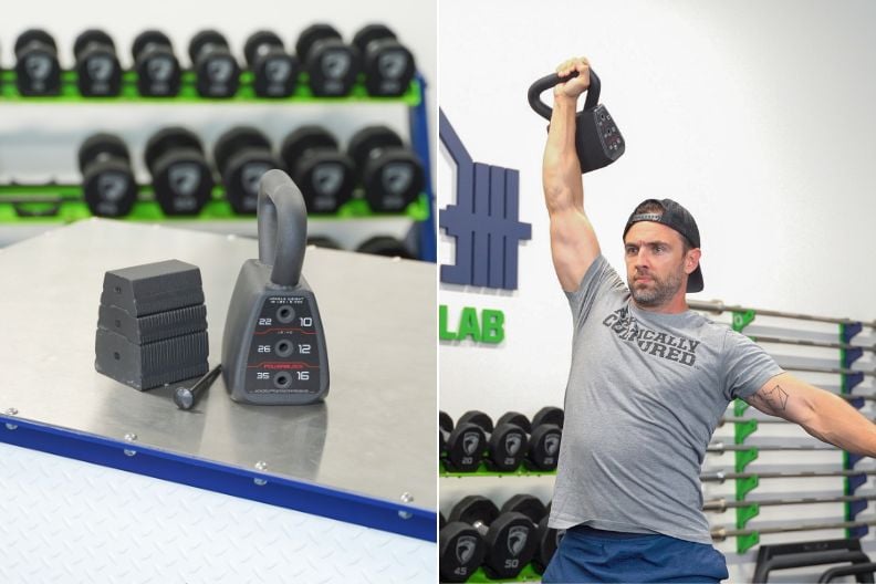A person adjusting the weight selection pin on a PowerBlock adjustable kettlebell.