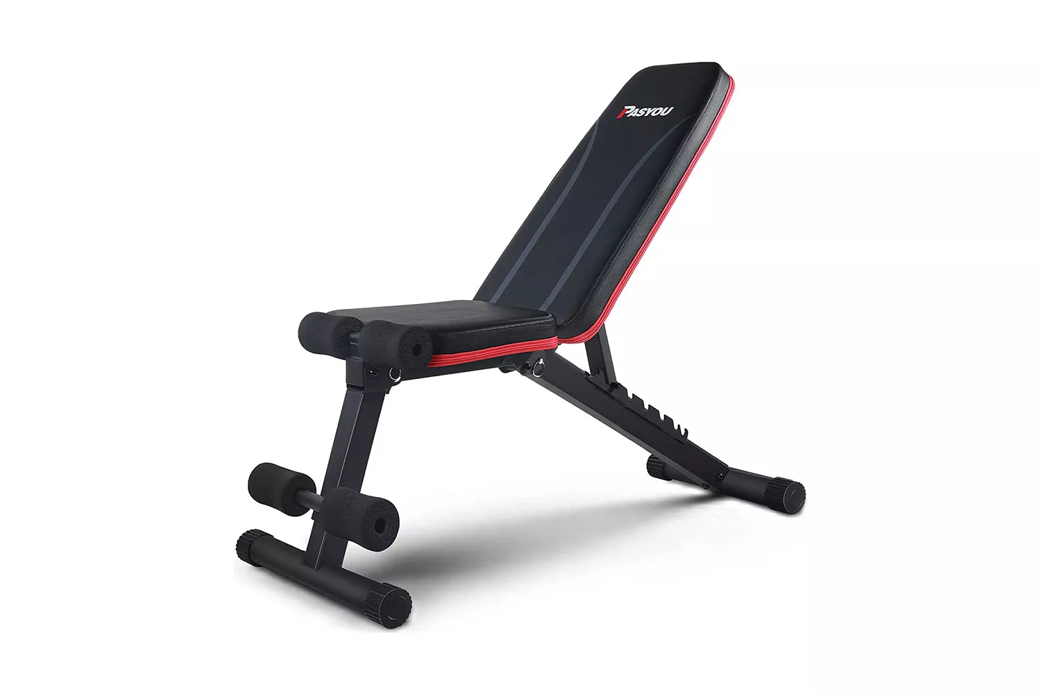 A black and red PASYOU adjustable weight bench in its folded position.