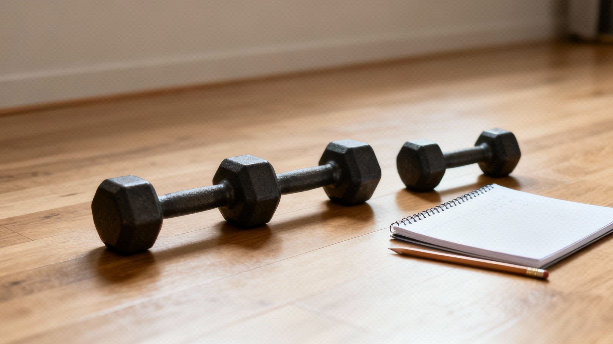 Three dumbbells of different weights on a floor next to a notebook and pencil.