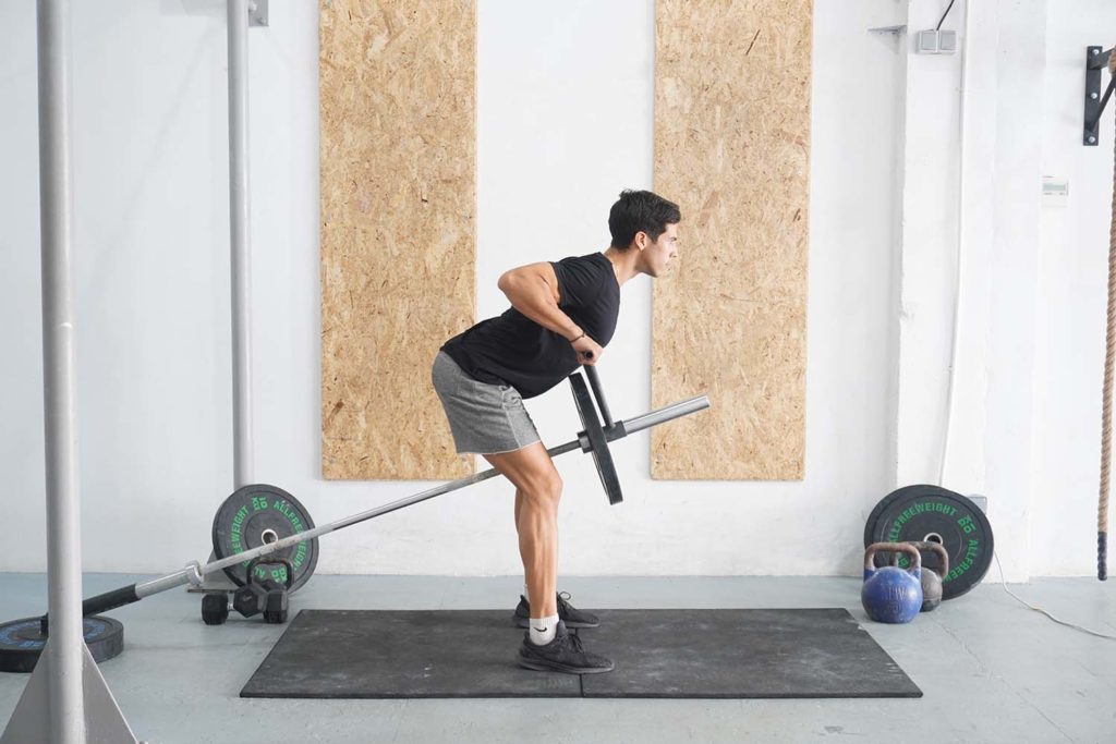 A person performing a T-bar row exercise using a specialized rowing machine.