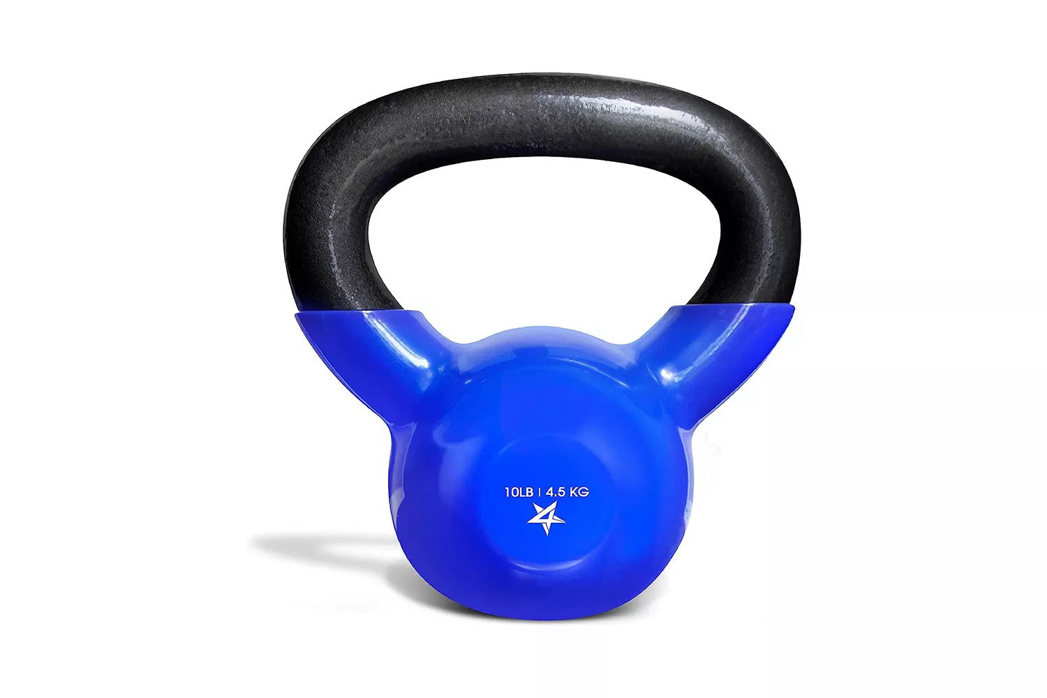 A blue 10-pound vinyl-coated kettlebell with a smooth black handle.