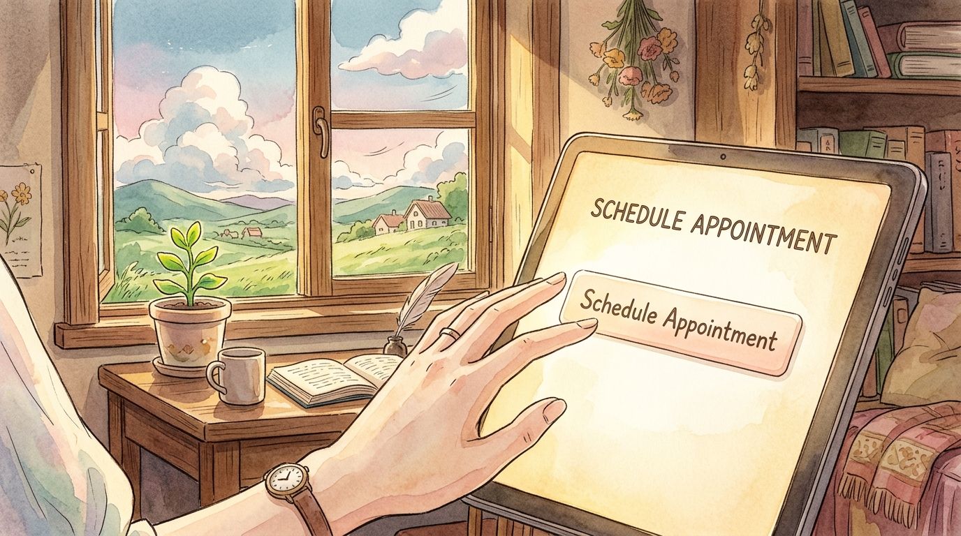 A person using a digital tablet to schedule a psychiatry appointment in a comfortable home setting.