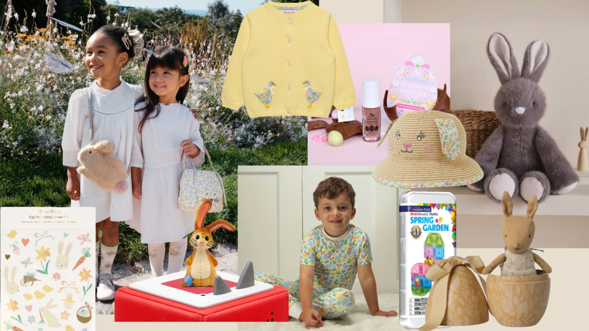 Graphic text stating 'What To Buy The Kids For Easter: Our Edited Guide' over a festive background.