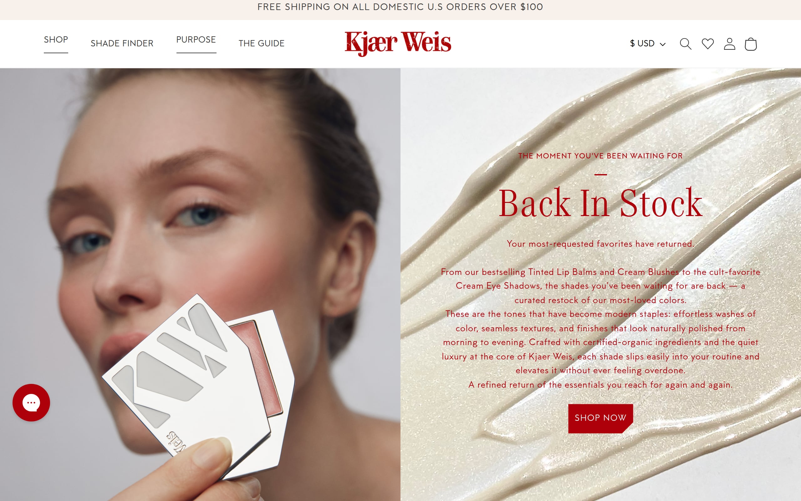 Luxury Kjaer Weis makeup products in sleek, refillable silver metallic packaging.