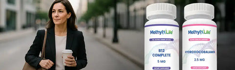 Two bottles of Methyl-Life Active B12 supplements focusing on Methyl and Hydroxy forms.