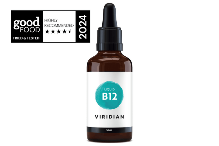 A 50ml bottle of Viridian Liquid B12 supplement.