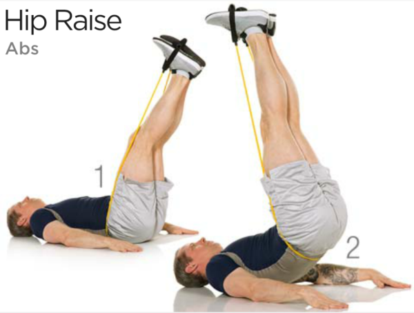 A person lying on their back performing a hip raise using resistance band handles on their feet.