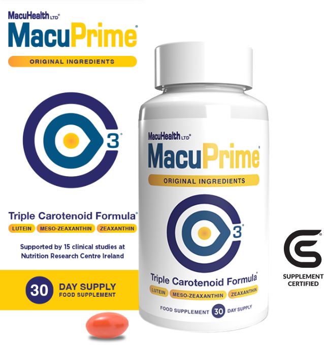 MacuPrime eye health supplement box and bottle packaging.