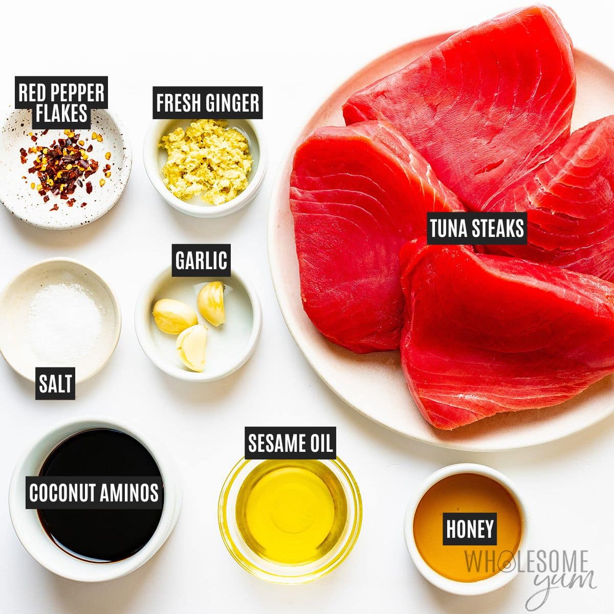 A flat lay of raw tuna steaks surrounded by ingredients like garlic, ginger, oils, and sesame seeds.