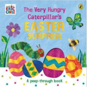 The cover of 'The Very Hungry Caterpillar's Easter Surprise' board book featuring a caterpillar with bunny ears.