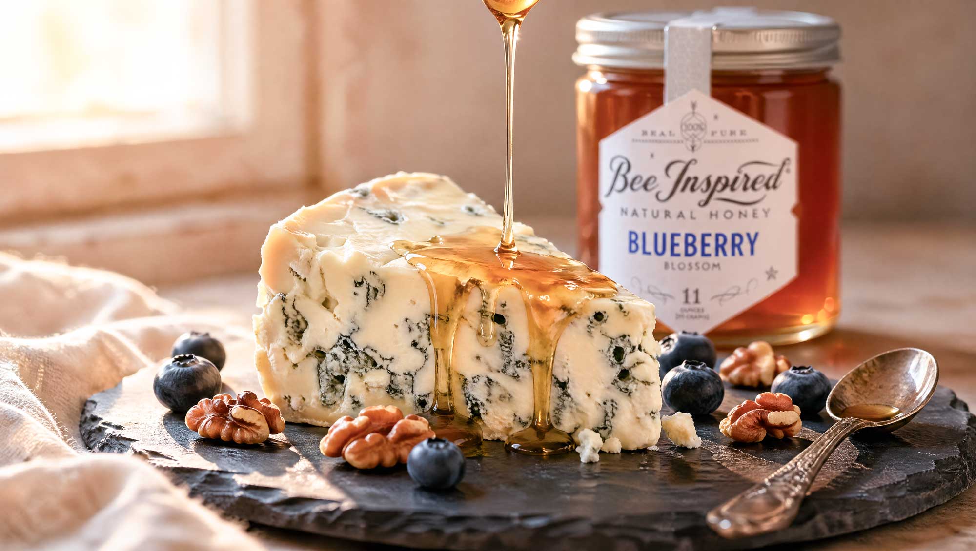 Close-up of blue cheese paired with dark blueberry honey.