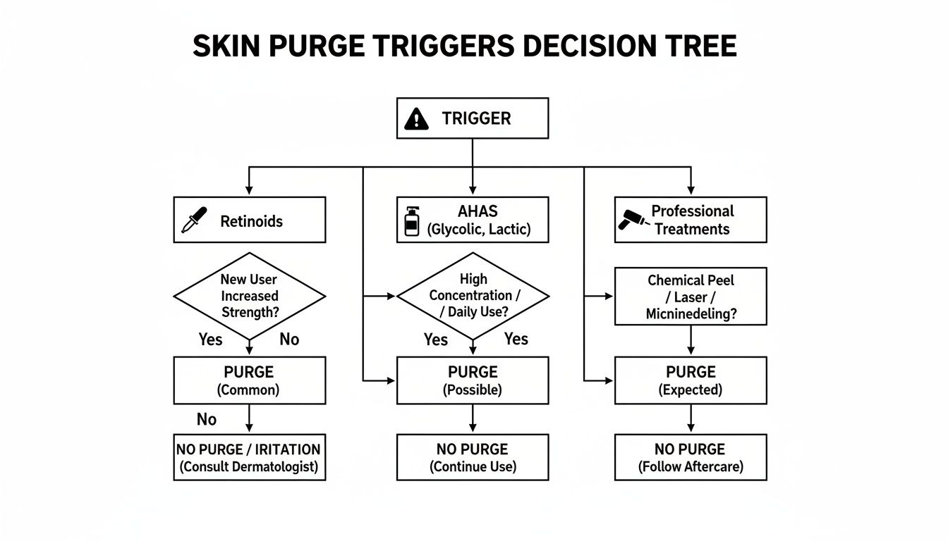 Educational infographic highlighting skincare ingredients like AHAs and retinoids that cause purging.