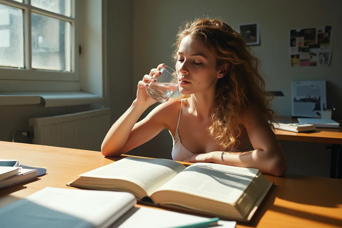 A person staying hydrated while focusing on a task, representing mental acuity and concentration.