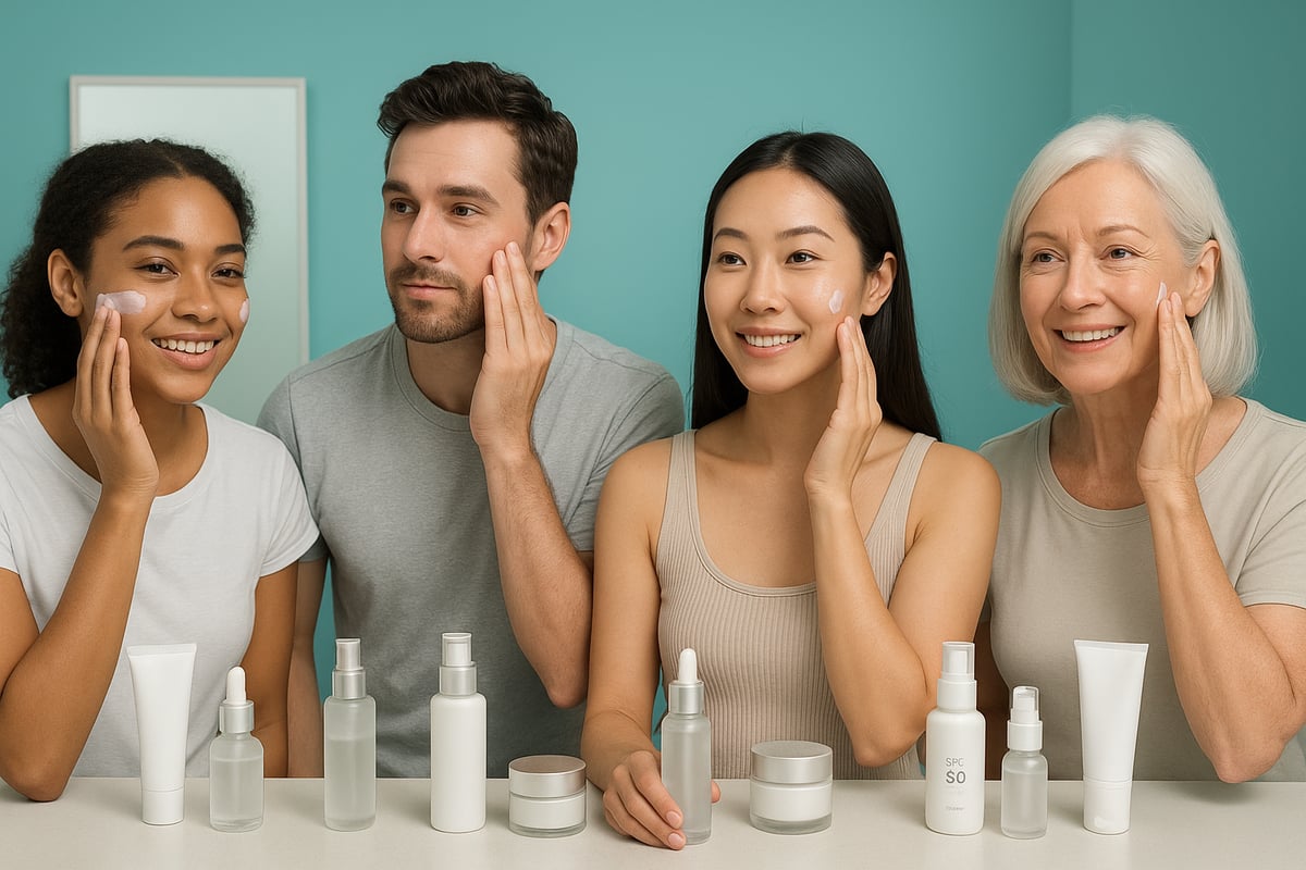 An assortment of minimalist skincare product bottles arranged on a surface.