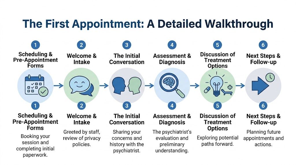 Infographic showing the six steps of a first psychiatry appointment from intake to follow-up.