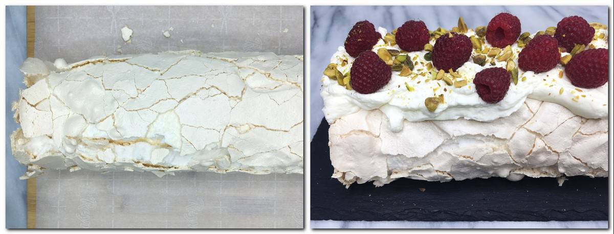 A person using parchment paper to guide the meringue into a tight, professional roll.