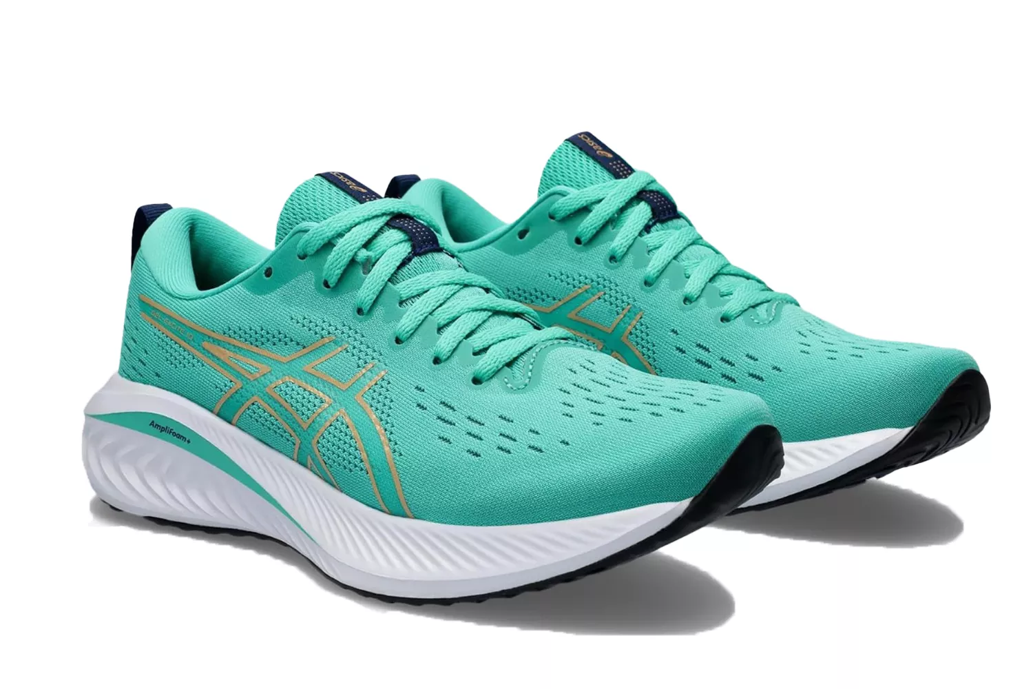 Teal and gold ASICS Gel-Excite 10 running shoes featuring AmpliFoam technology.
