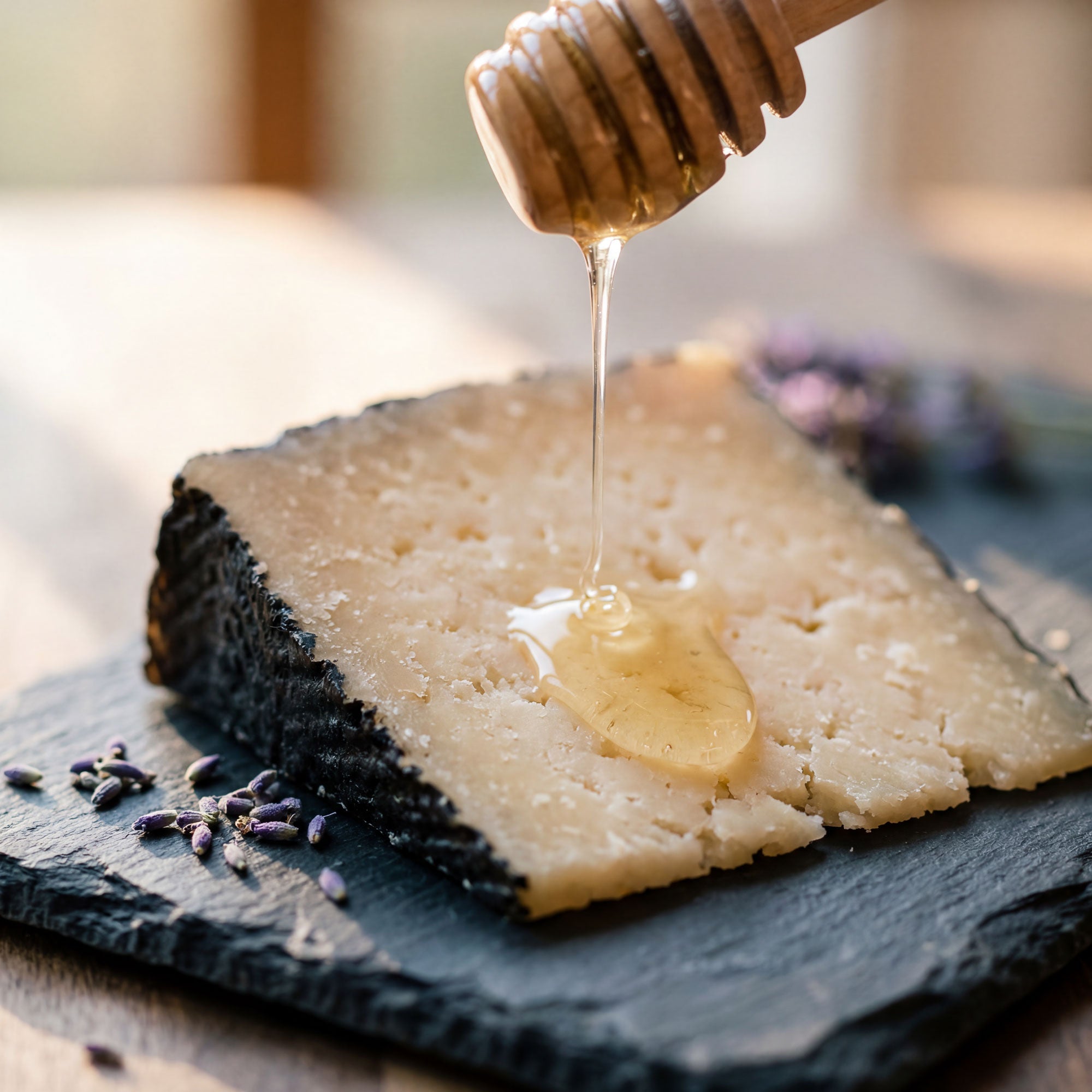Aromatic honey being drizzled onto Manchego cheese slices on a dark slate board.
