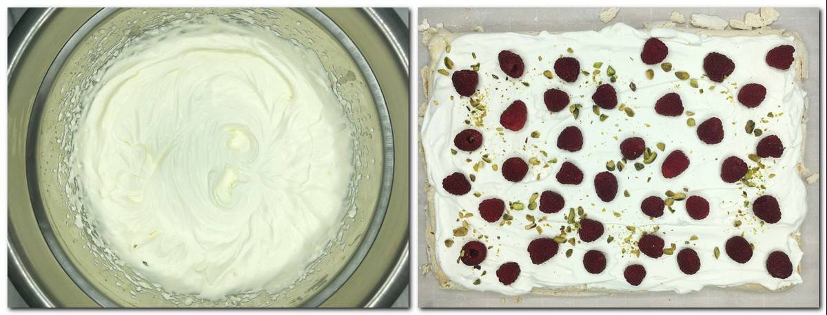 Whipped cream being spread over the baked meringue sheet before the rolling process.