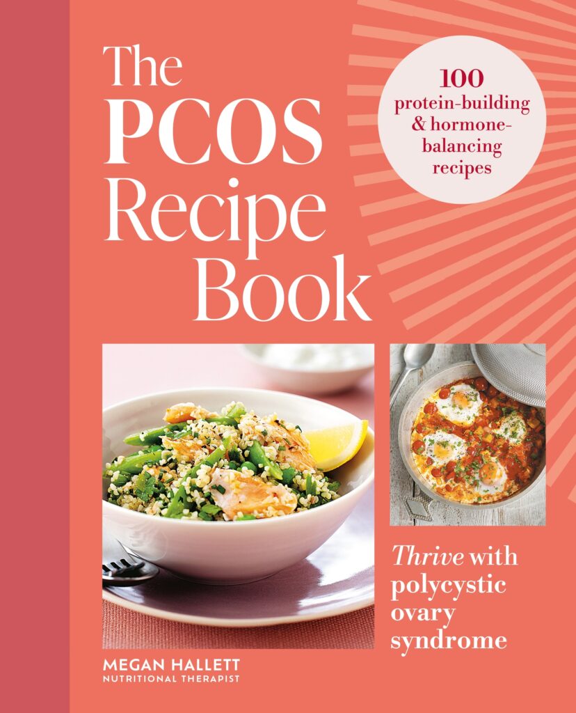 The book cover of 'The PCOS Recipe Book' by Megan Hallett featuring a minimalist design.