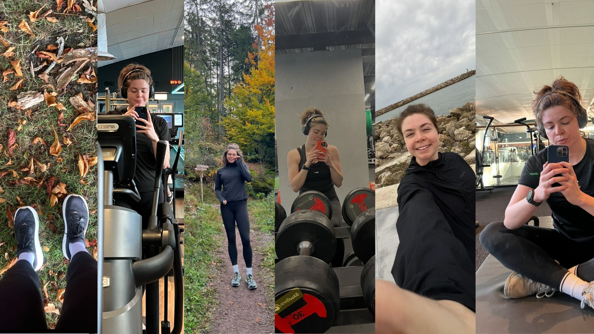A collage showing various pairs of workout leggings being performance-tested in a gym setting.