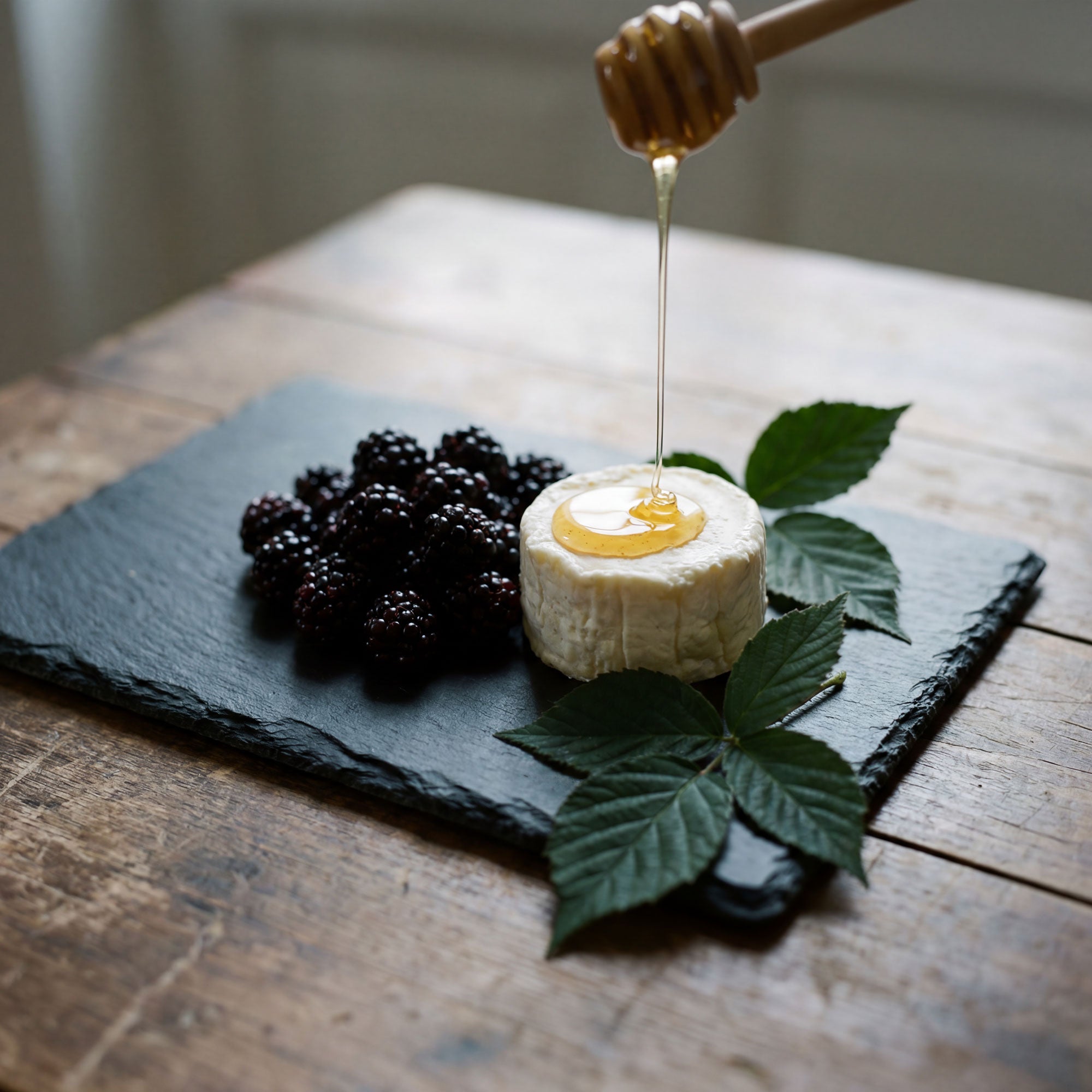 Honey drizzled over cheese and fresh blackberries.