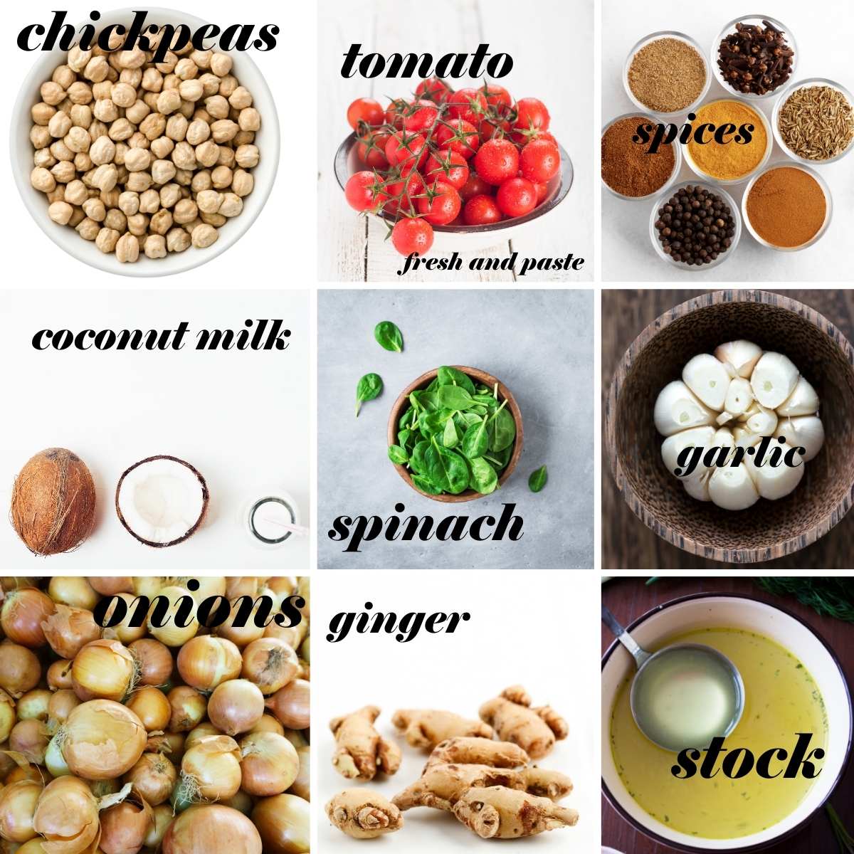 A collection of raw ingredients including canned chickpeas, fresh spinach, and spices on a kitchen counter.